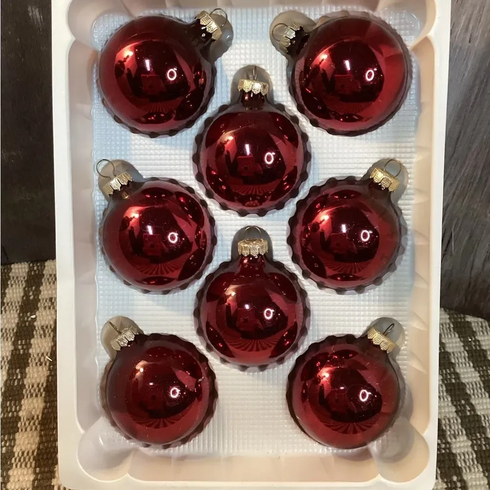 Rauch Glass Red Holiday Time Christmas Ornaments in Box Made in USA Set of 8